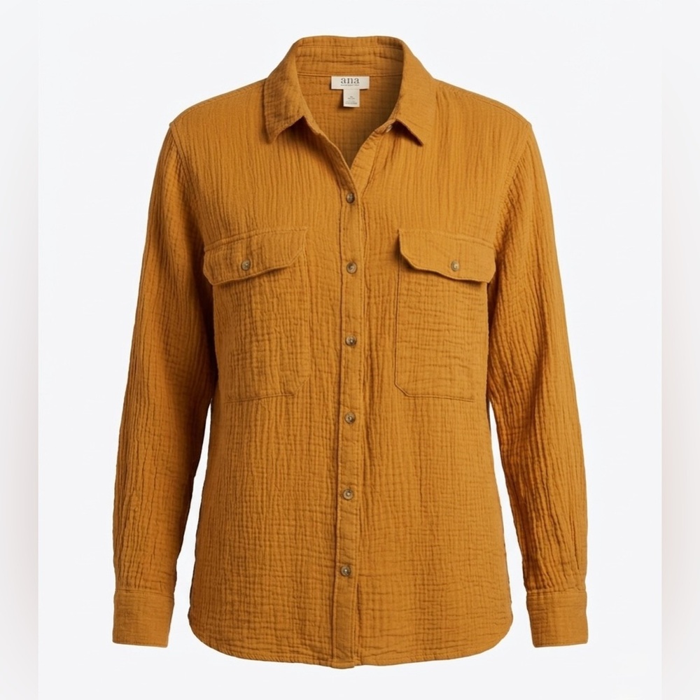 A.N.A. Women’s Golden Rust 100% Cotton Double Gauze Button Down Top Size Large